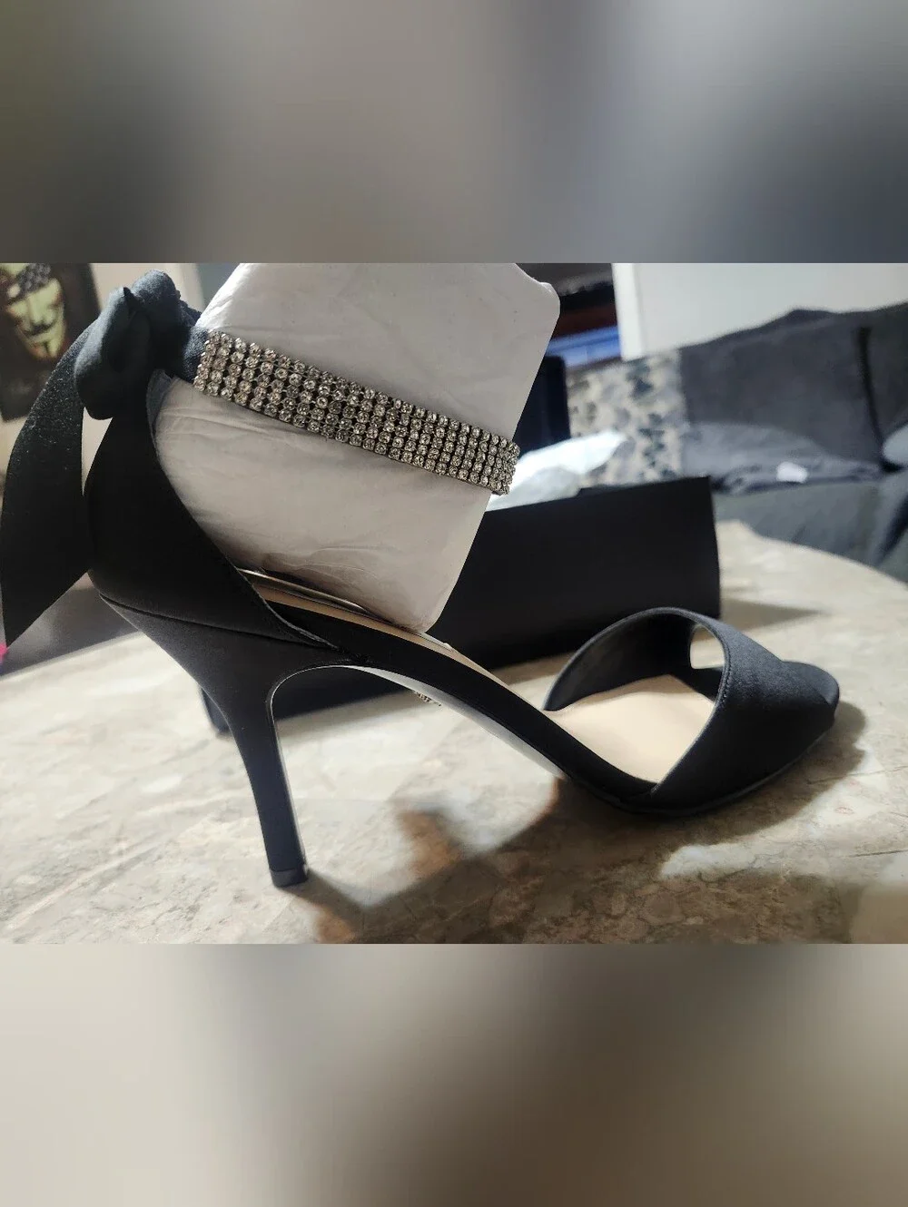 Nina Vinnie-LS  Black Satin Open-Toe Heels with Rinestone Ankle Strap With Bow